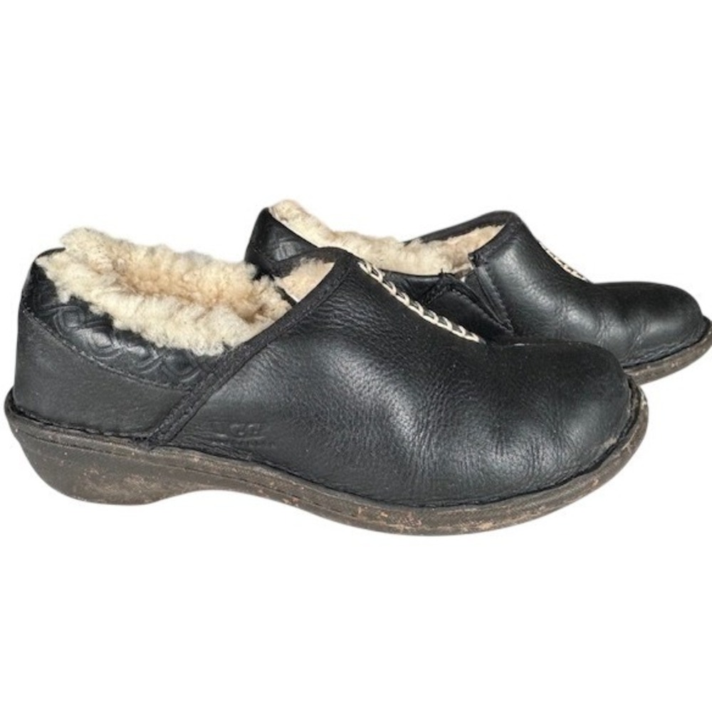 Ugg Black Leather Shearling Lined Clogs Mule Shoe… - image 4